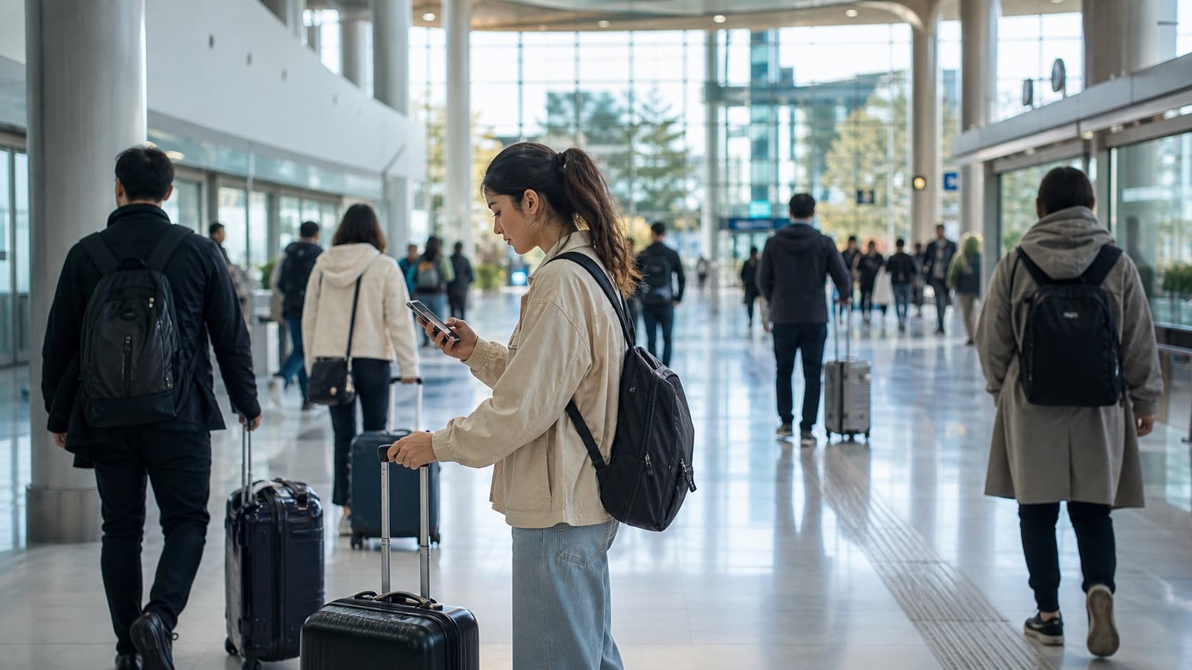 Traveler checking transit information in a Korean airport