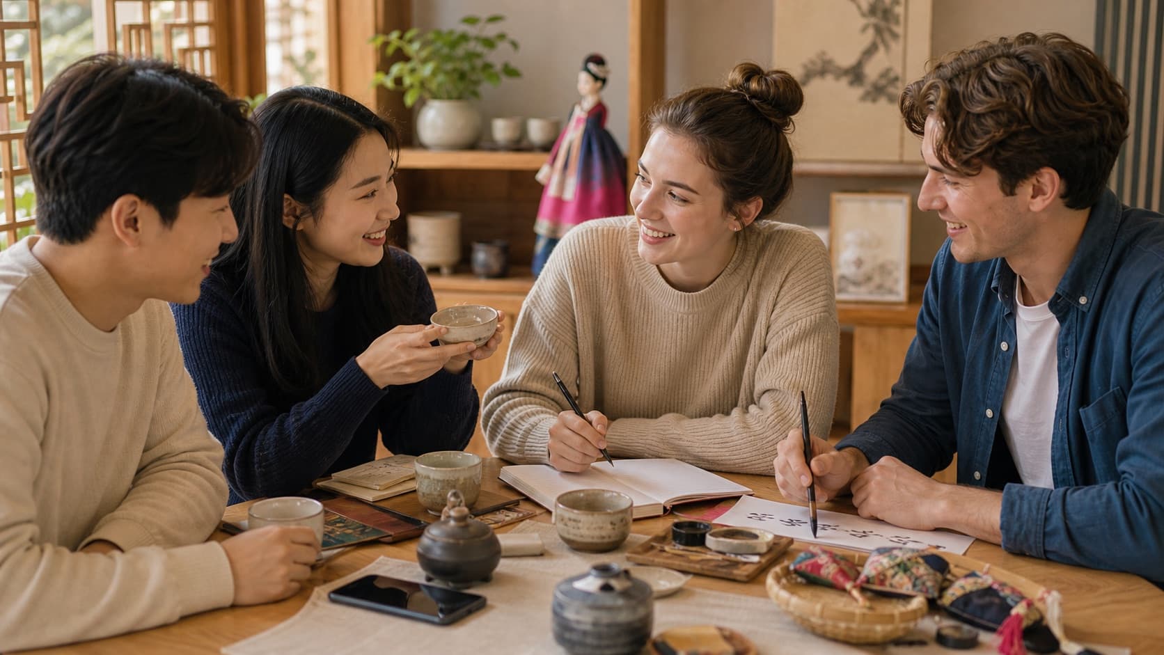 Friends sharing Korean culture and language exchange at a workshop table