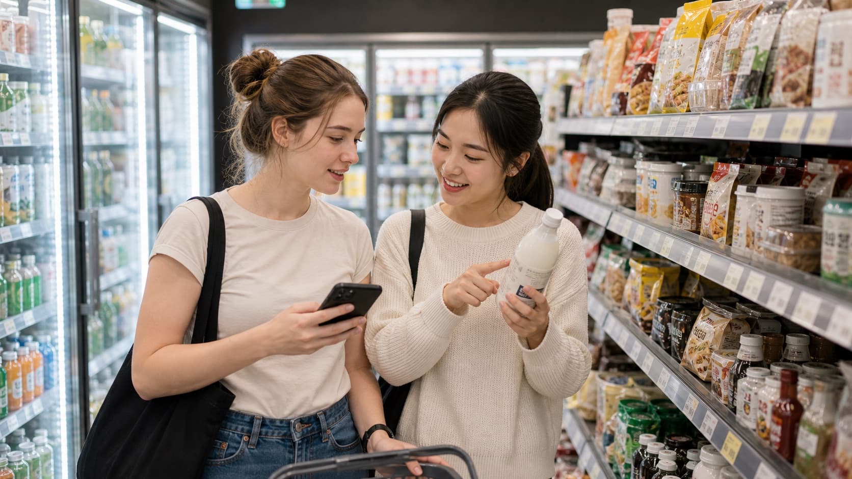Foreign resident and Korean friend comparing daily essentials in Korea