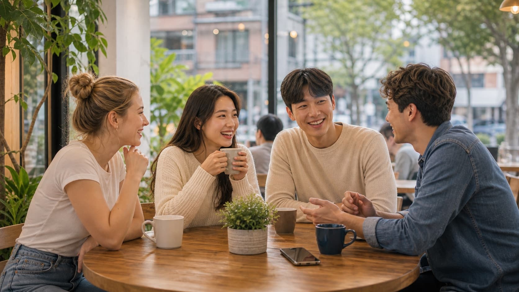 Korean and international friends talking at a Seoul cafe