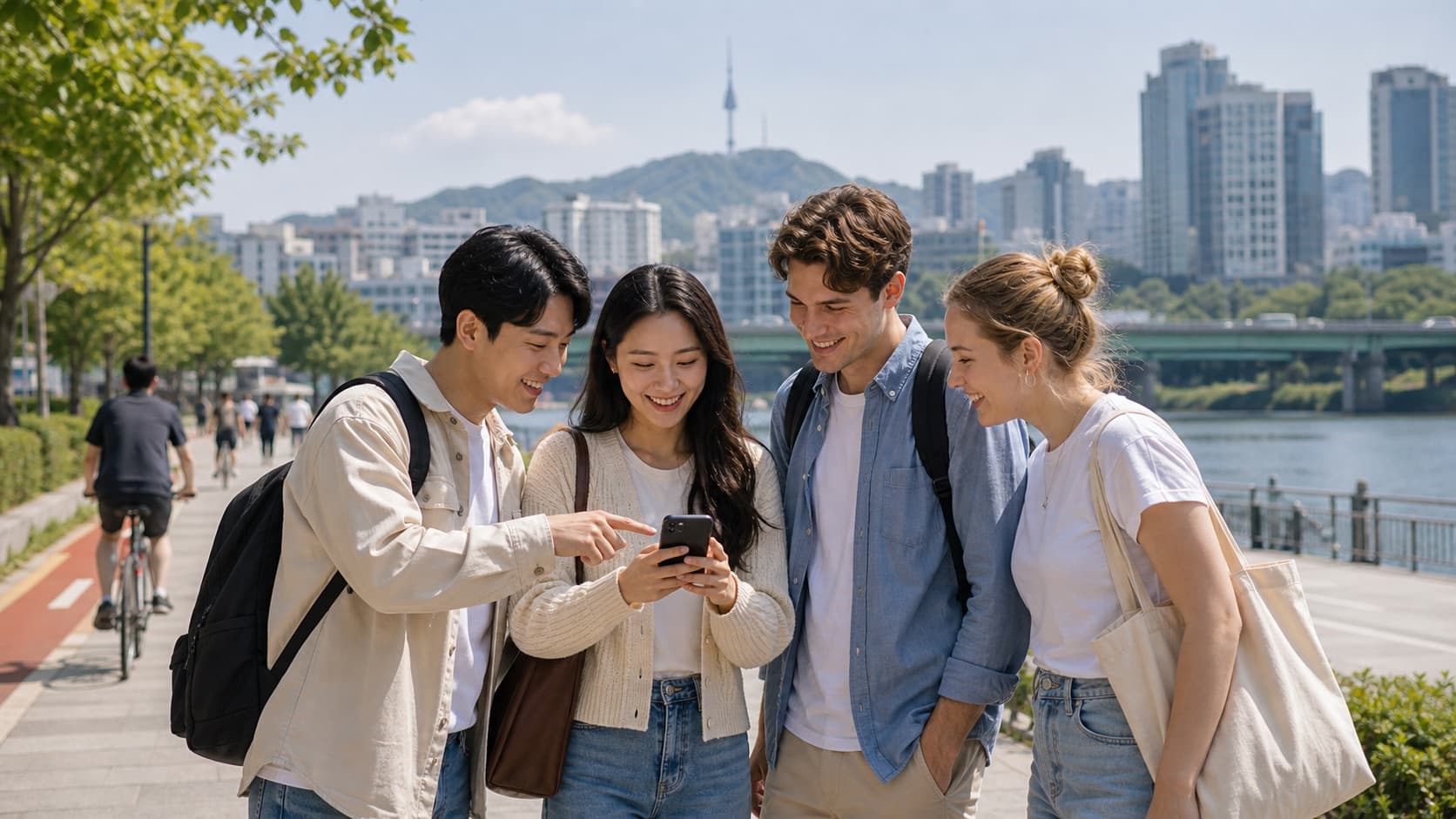Residents checking local Korea information together outdoors in Seoul