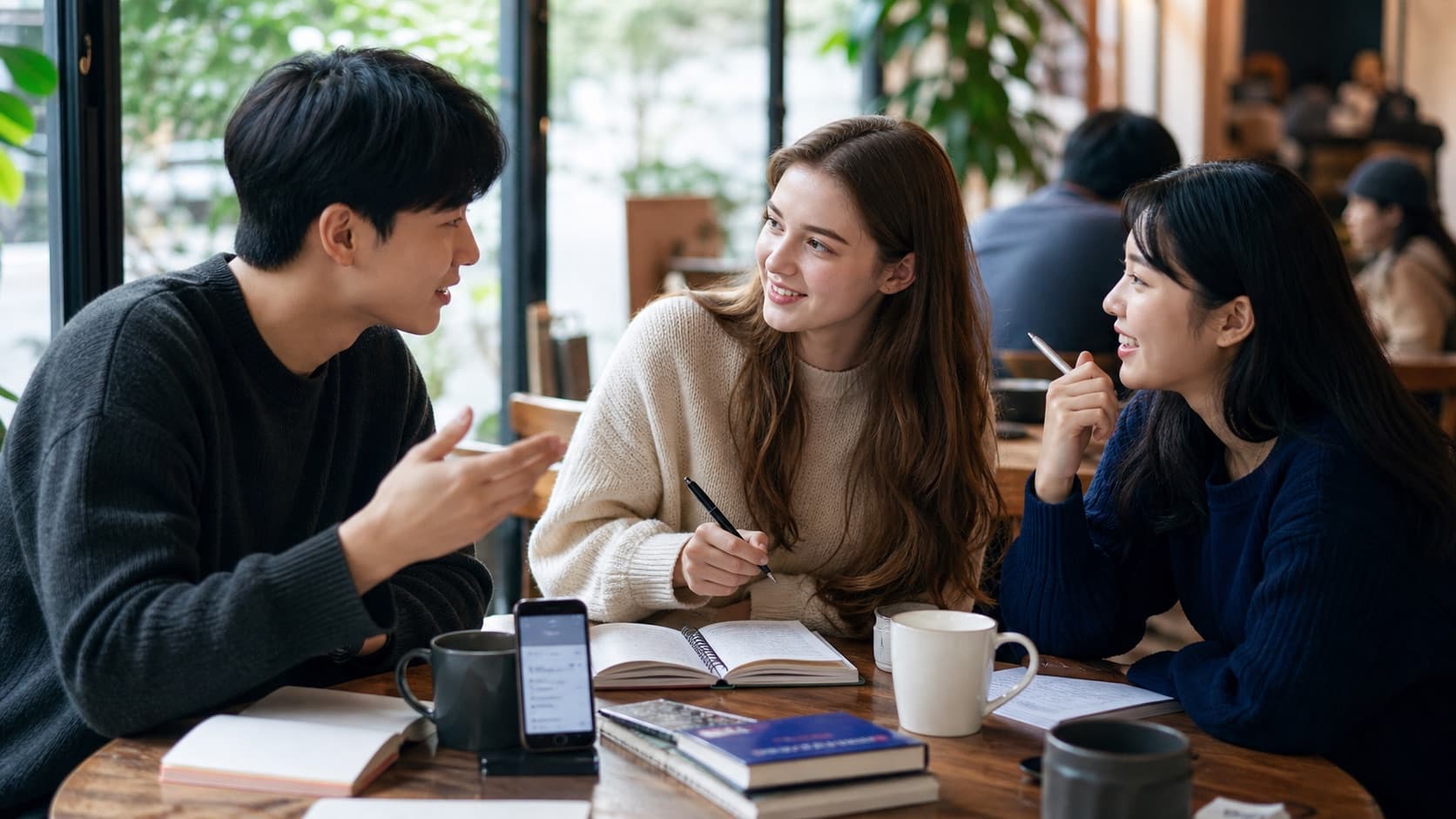 Korean language exchange conversation at a cafe table