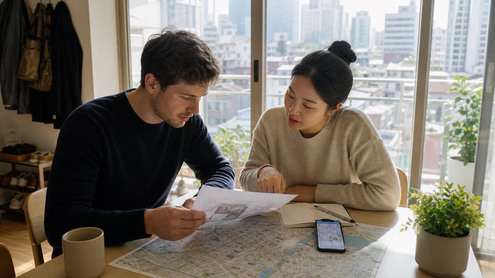 Foreign resident reviewing Korea living documents with a local friend