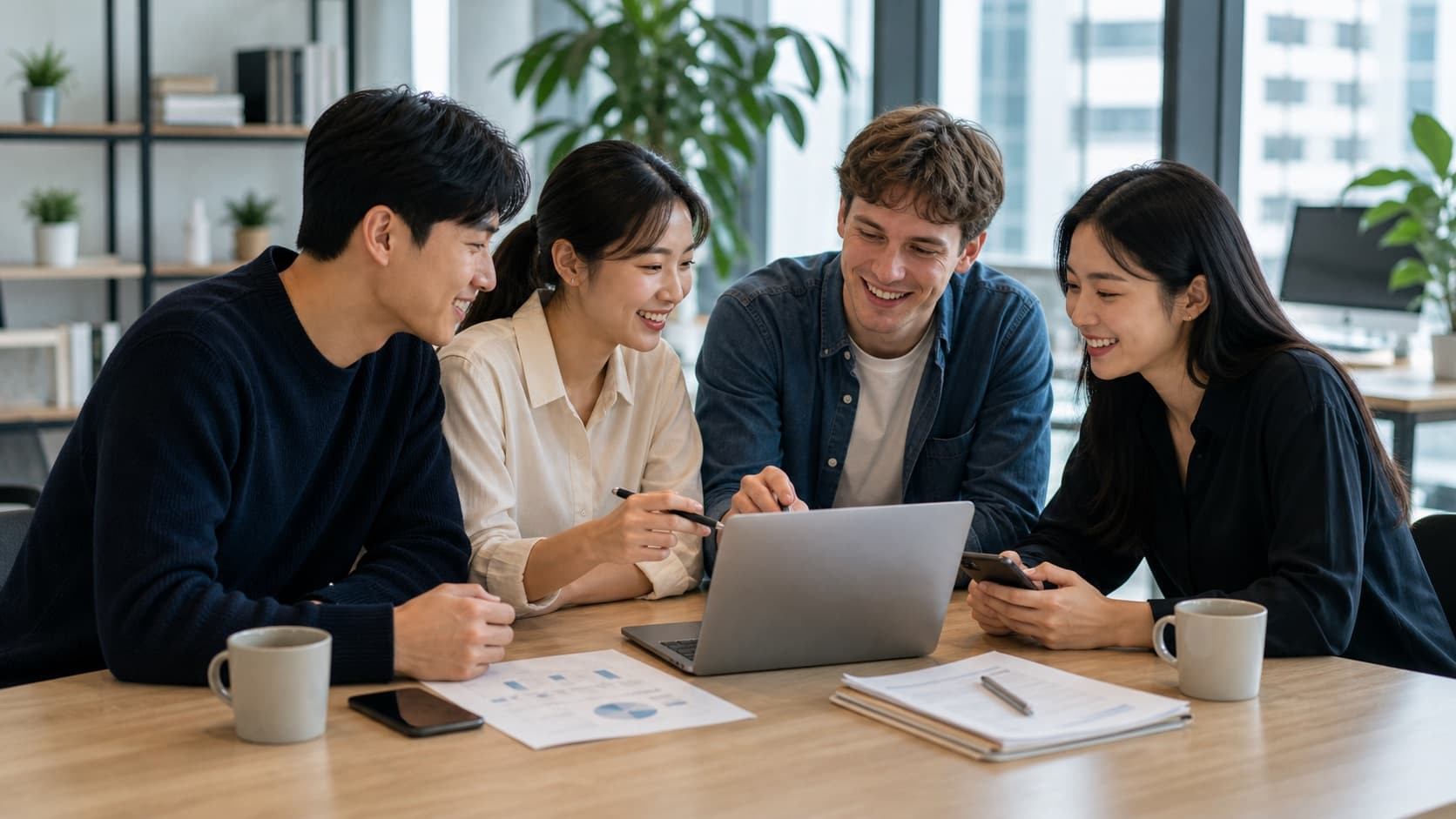 Nawever team members reviewing a product plan in a Seoul office