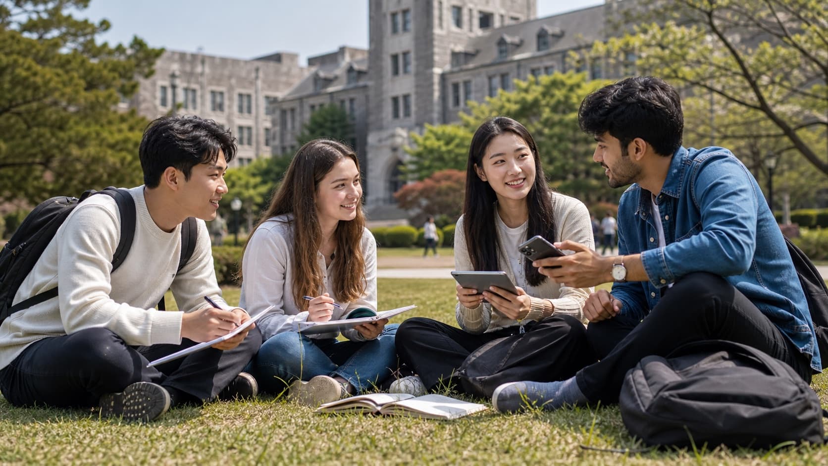 International students talking on a Korean university campus