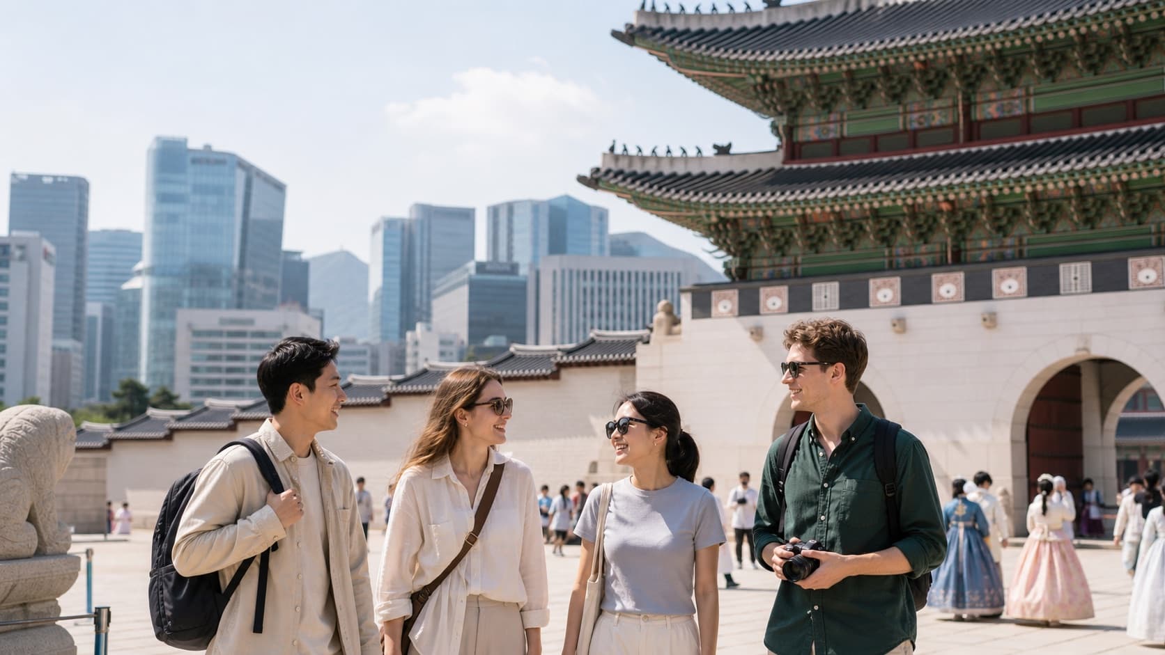 Visitors near a Korean palace gate and Seoul city skyline