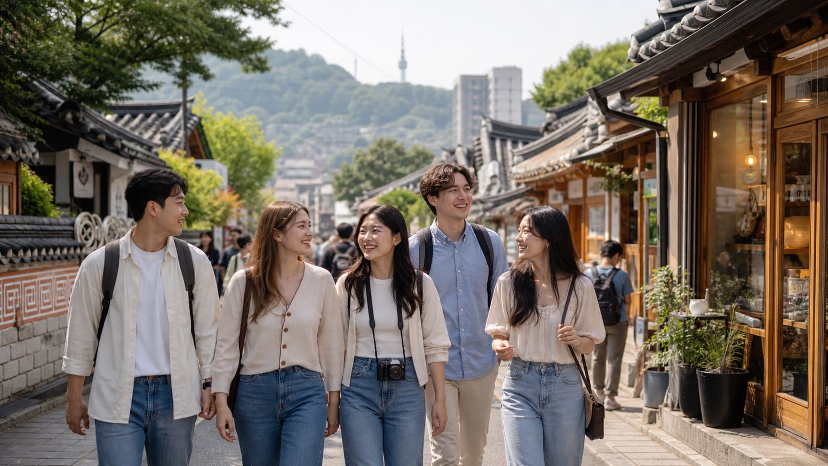 Friends walking through a Seoul neighborhood with hanok streets