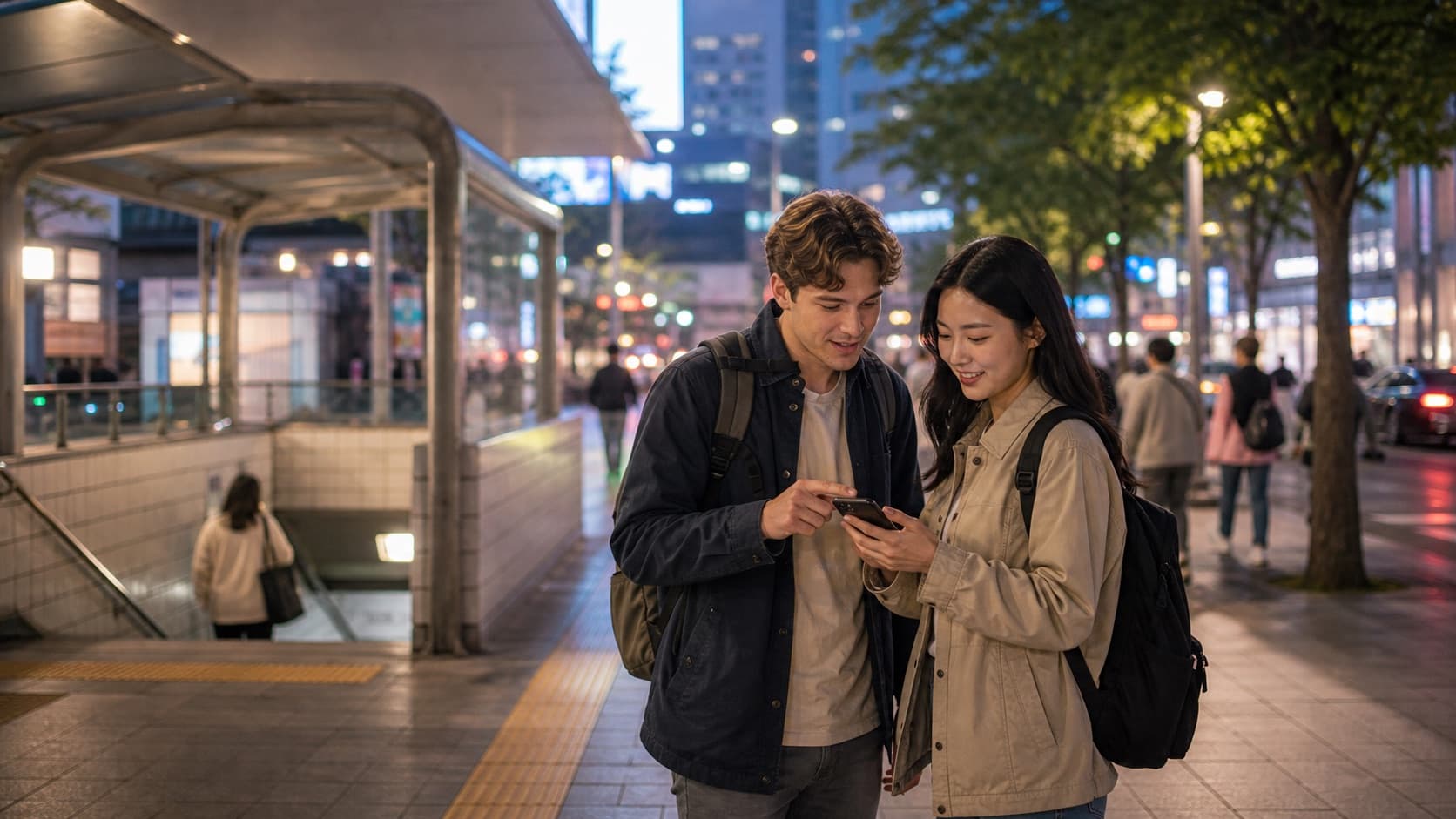 Travelers checking directions on a well-lit Seoul street