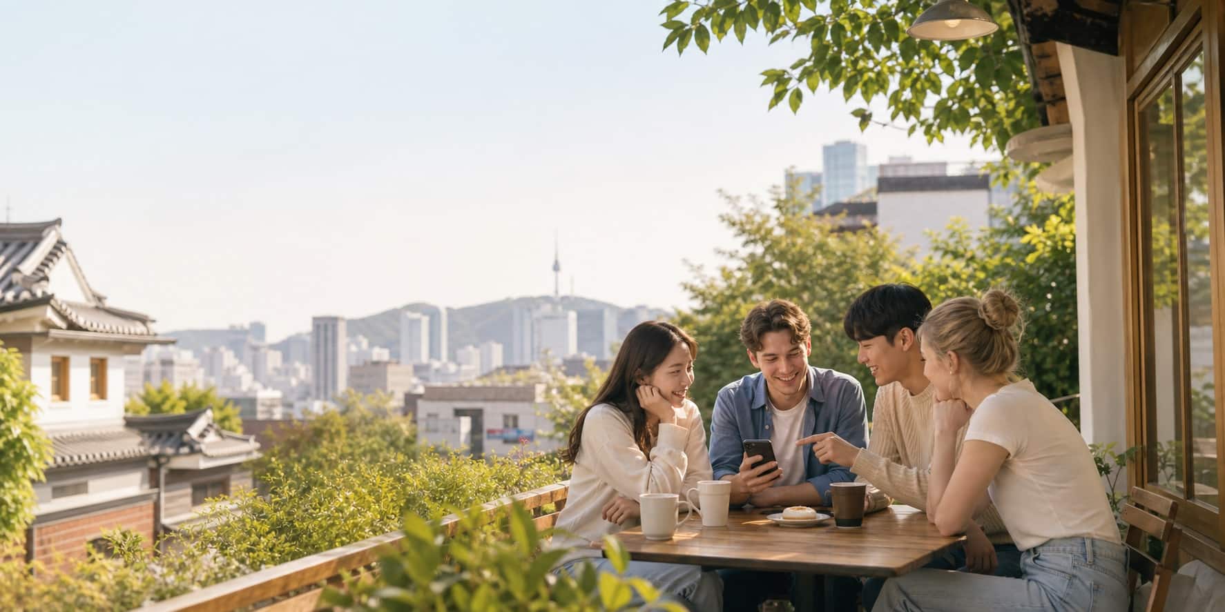People discovering Korea together in a warm Seoul neighborhood